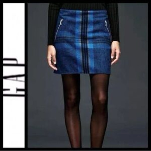 GAP Dresses & Skirts - Gap Blue Wool Plaid Mini Skirt 14 Womens Academia Goth Moto Biker Grunge Preppy